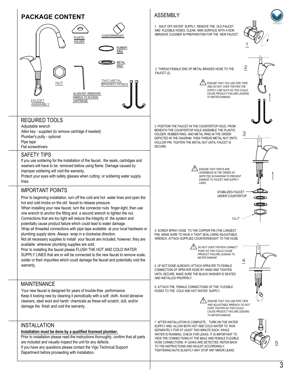 Package content, Maintenance assembly required tools, Safety tips | Important points, Installation | Vigo VG02017 User Manual | Page 3 / 5