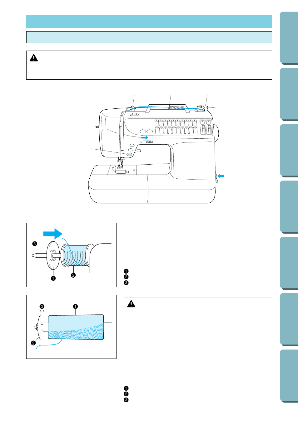 Bobbin winding / bobbin thread setting, Winding the bobbin and setting the bobbin thread, Caution | Brother PC-2800 User Manual | Page 13 / 82