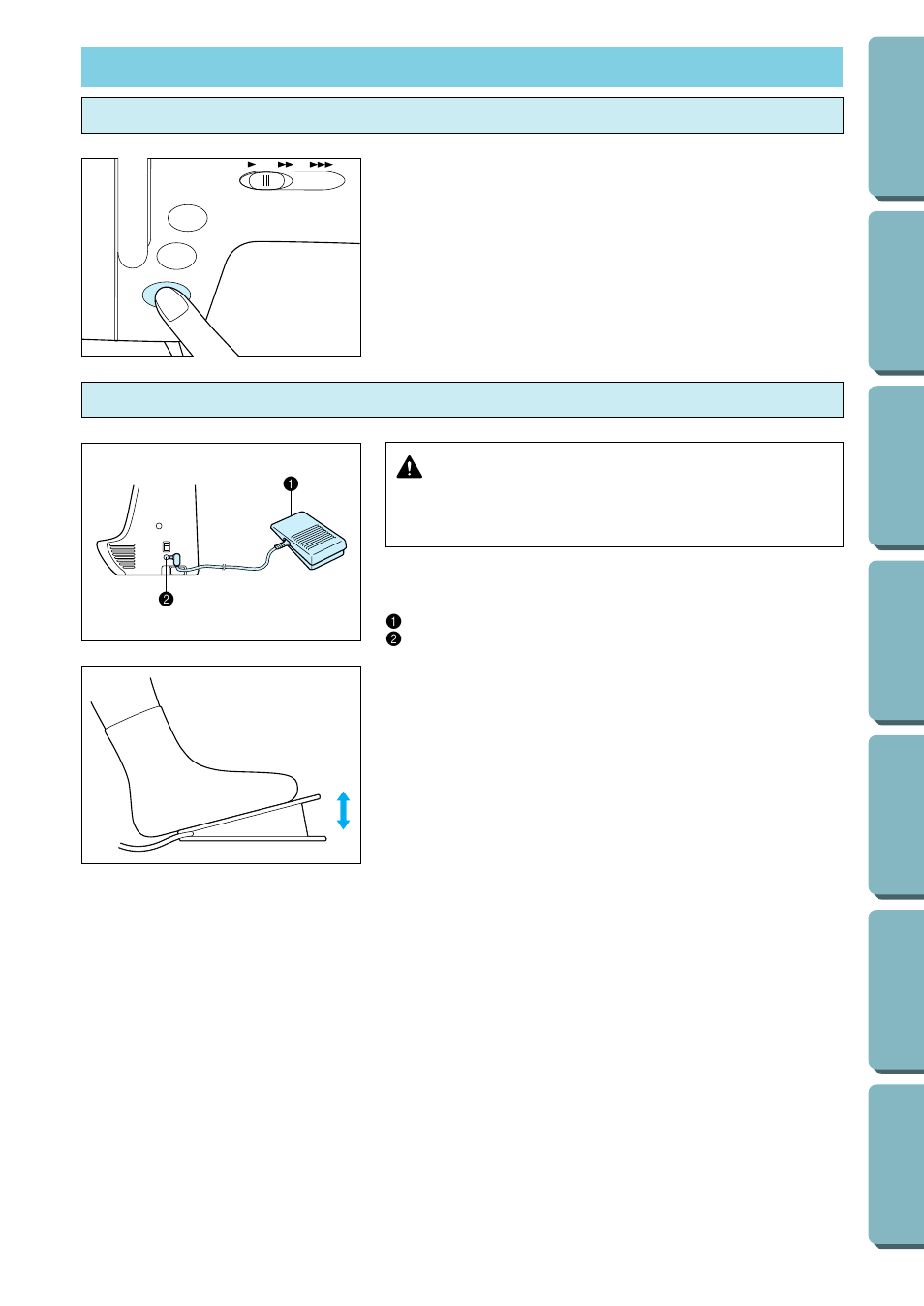 Starting and stopping sewing, Start/stop” button, Foot controller | Start/stop” button foot controller, Foot controller caution | Brother PC-2800 User Manual | Page 20 / 82