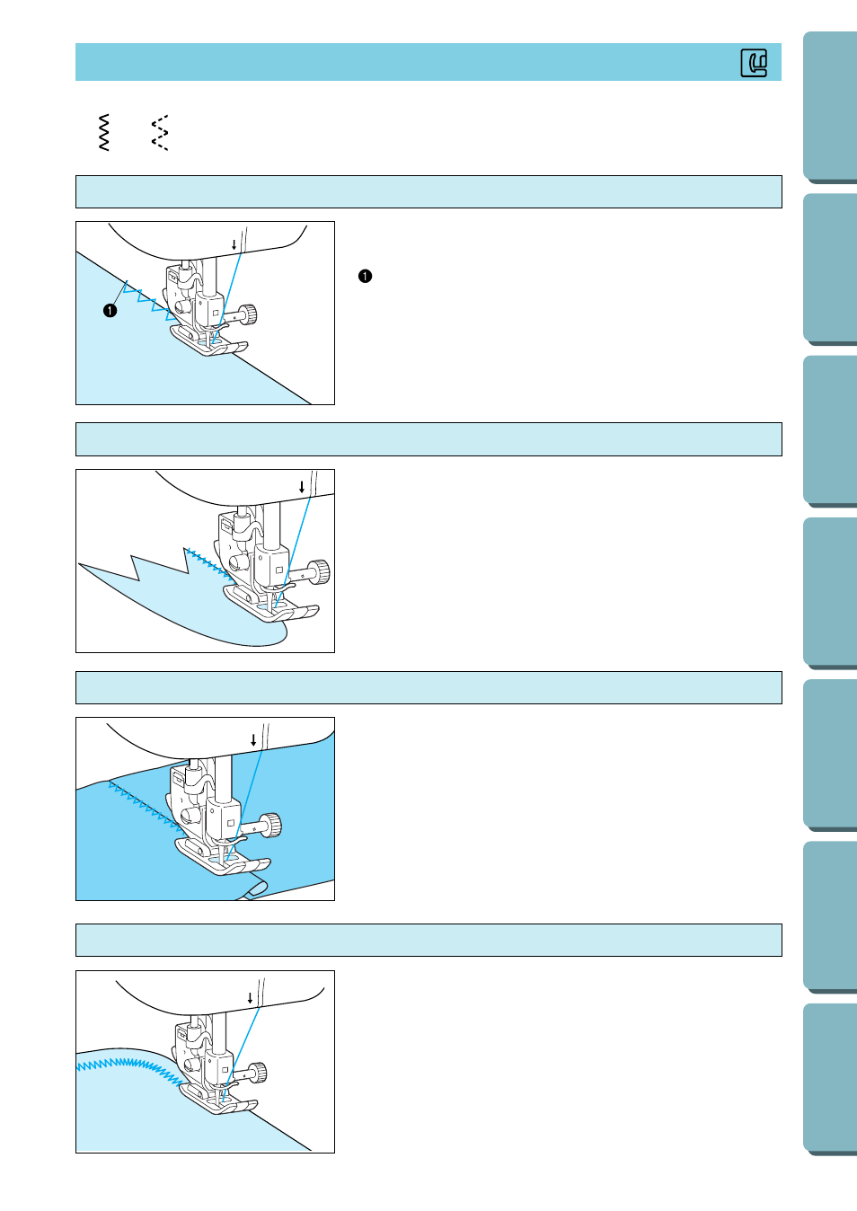 Zigzag stitches, Overcasting (using a zigzag stitch), Applique (using a zigzag stitch) | Patchwork (for crazy quilts), Sewing curves (using a zigzag stitch), Appliqué (using a zigzag stitch) | Brother PC-2800 User Manual | Page 39 / 82