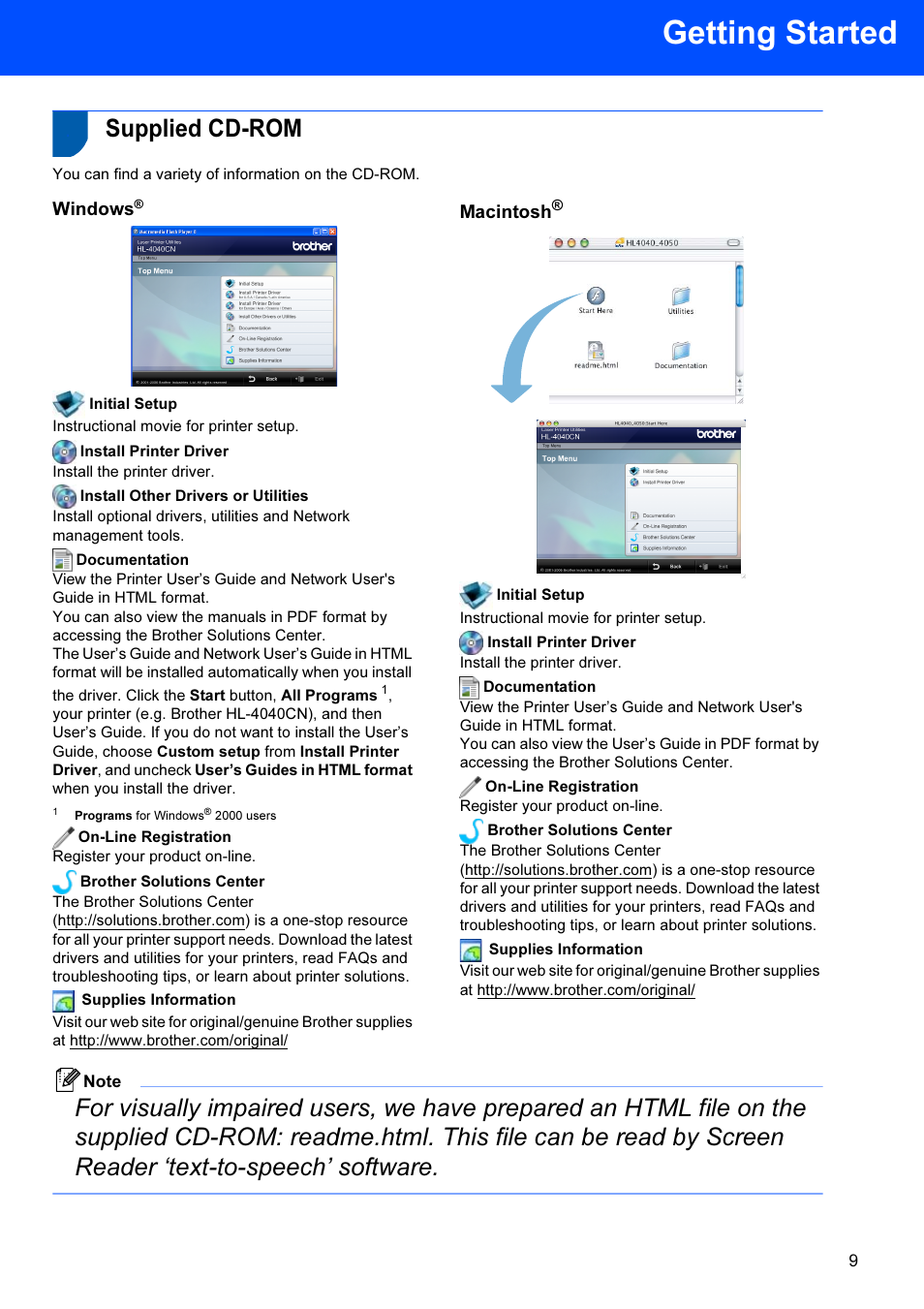 Supplied cd-rom, Getting started, Windows | Macintosh | Brother HL-4040CDN User Manual | Page 11 / 35