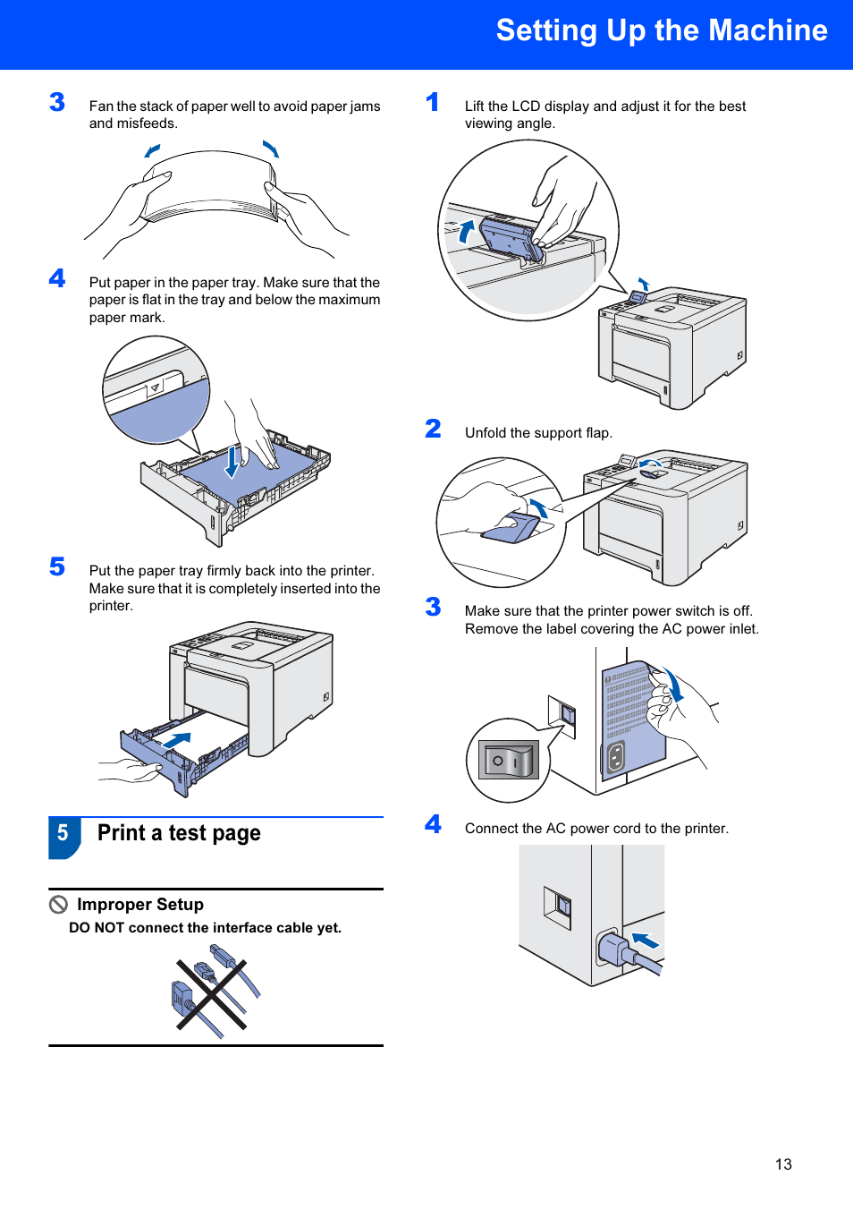 Setting up the machine, 5print a test page, Improper setup | Brother HL-4040CDN User Manual | Page 15 / 35