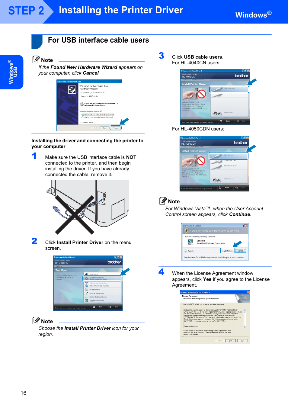 Windows, For usb interface cable users, Step 2 | Installing the printer driver | Brother HL-4040CDN User Manual | Page 18 / 35