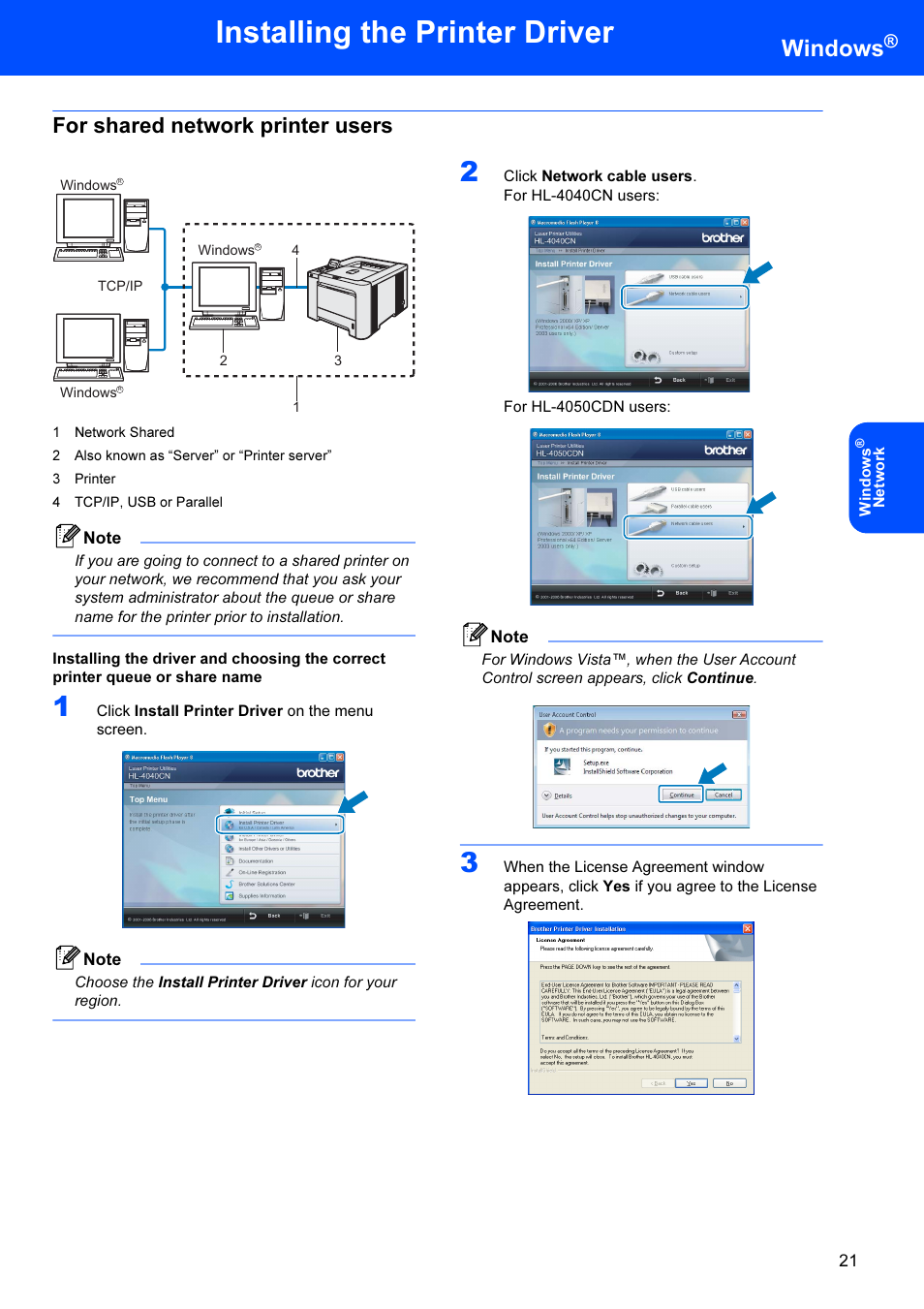 For shared network printer users, Installing the printer driver, Windows | Brother HL-4040CDN User Manual | Page 23 / 35