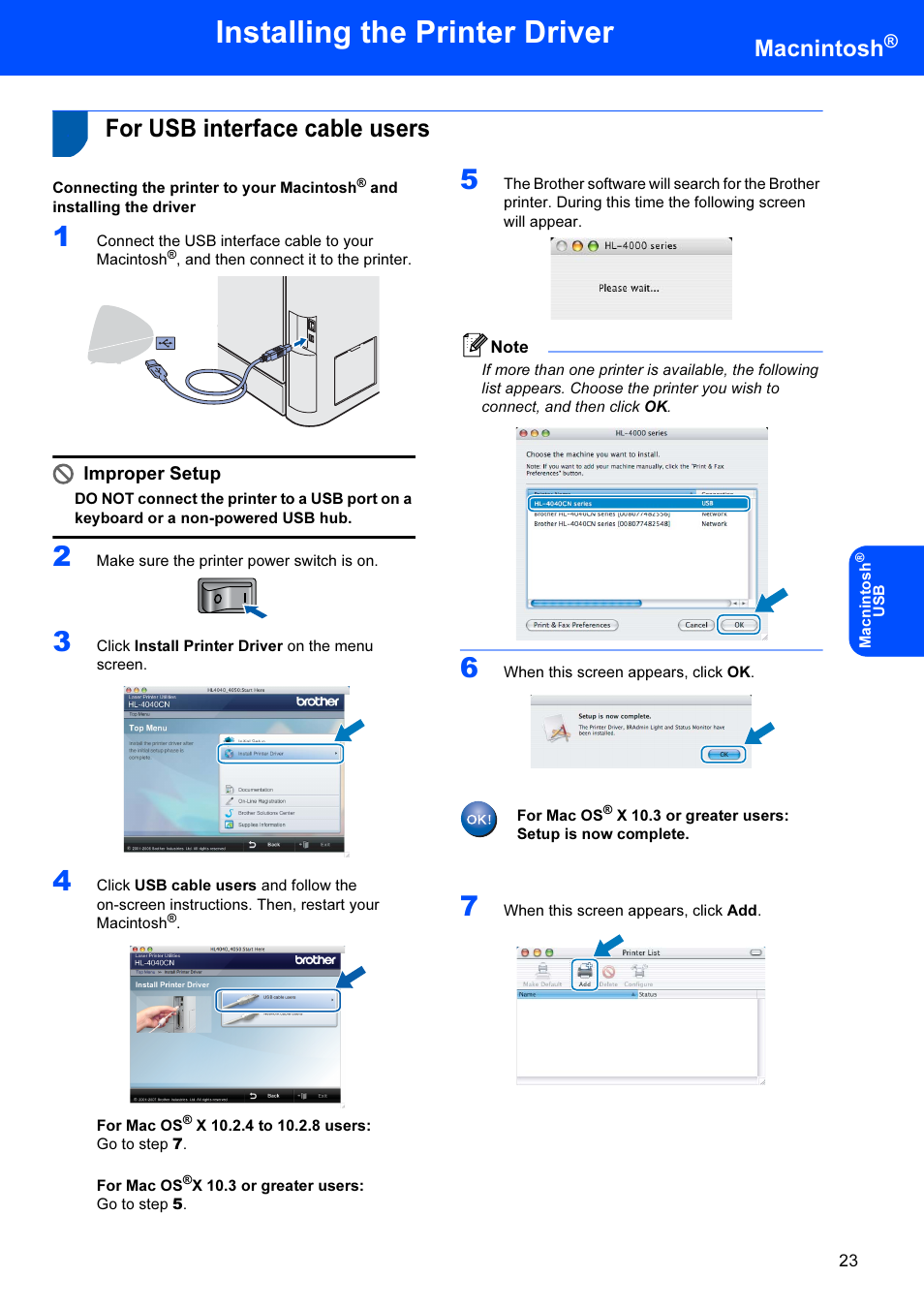 Macintosh, For usb interface cable users, Installing the printer driver | Macnintosh, Improper setup | Brother HL-4040CDN User Manual | Page 25 / 35