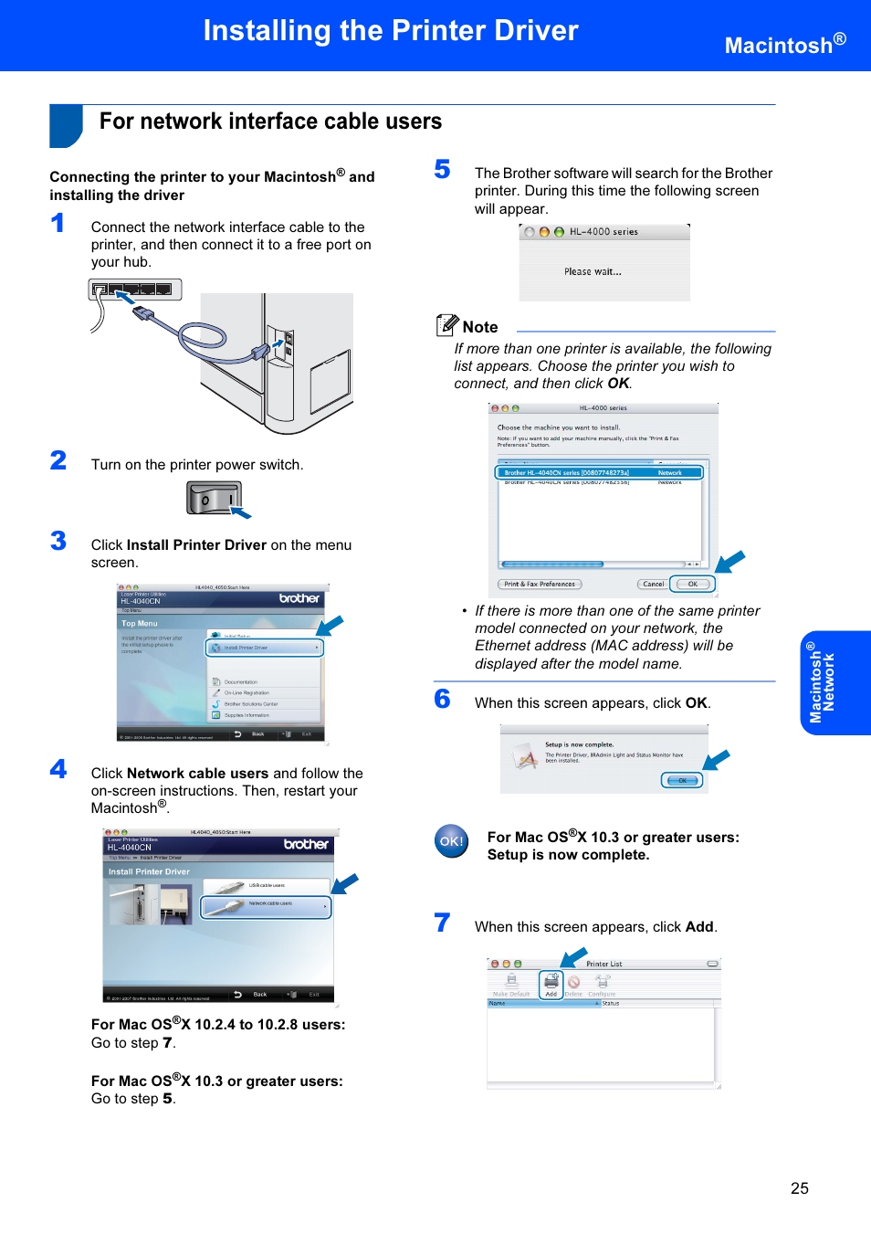 For network interface cable users, Installing the printer driver, Macintosh | Brother HL-4040CDN User Manual | Page 27 / 35