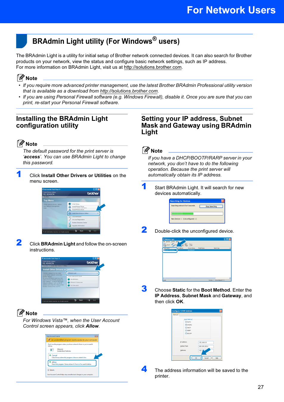 For network users, Bradmin light utility (for windows® users), Installing the bradmin light configuration utility | Bradmin light utility (for windows, Users) | Brother HL-4040CDN User Manual | Page 29 / 35