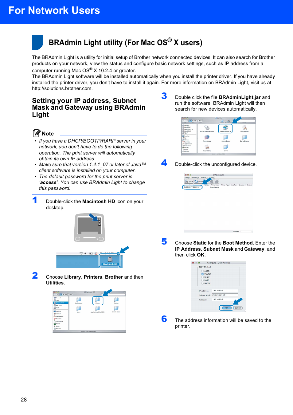 Bradmin light utility (for mac os® x users), Bradmin light utility (for mac os, X users) | For network users | Brother HL-4040CDN User Manual | Page 30 / 35