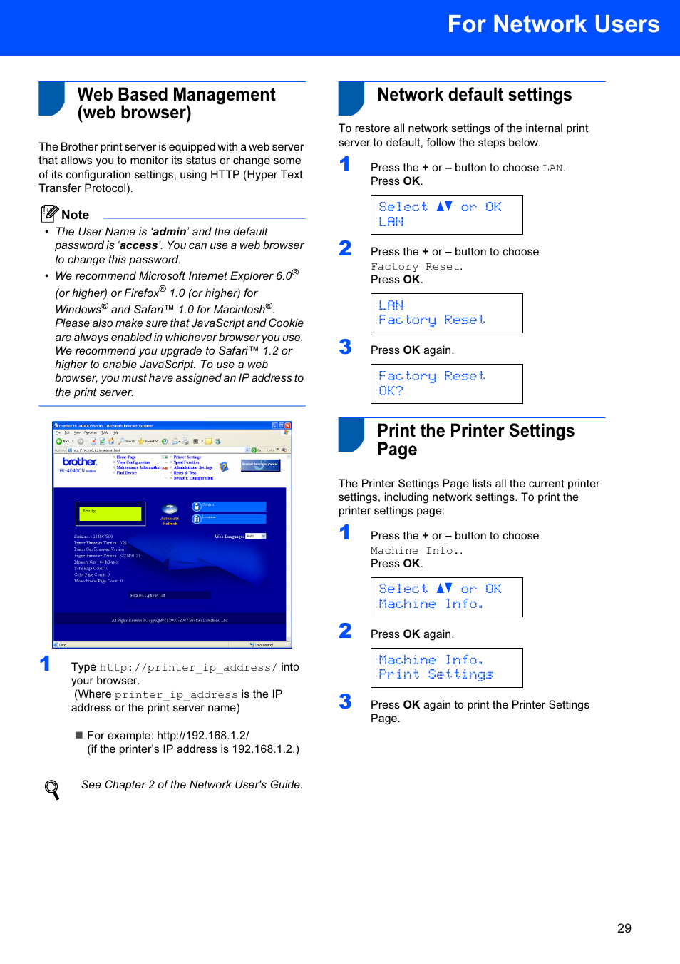 Web based management (web browser), Network default settings, For network users | Print the printer settings page, Select ab or ok lan, Lan factory reset, Factory reset ok, Select ab or ok machine info, Machine info. print settings | Brother HL-4040CDN User Manual | Page 31 / 35