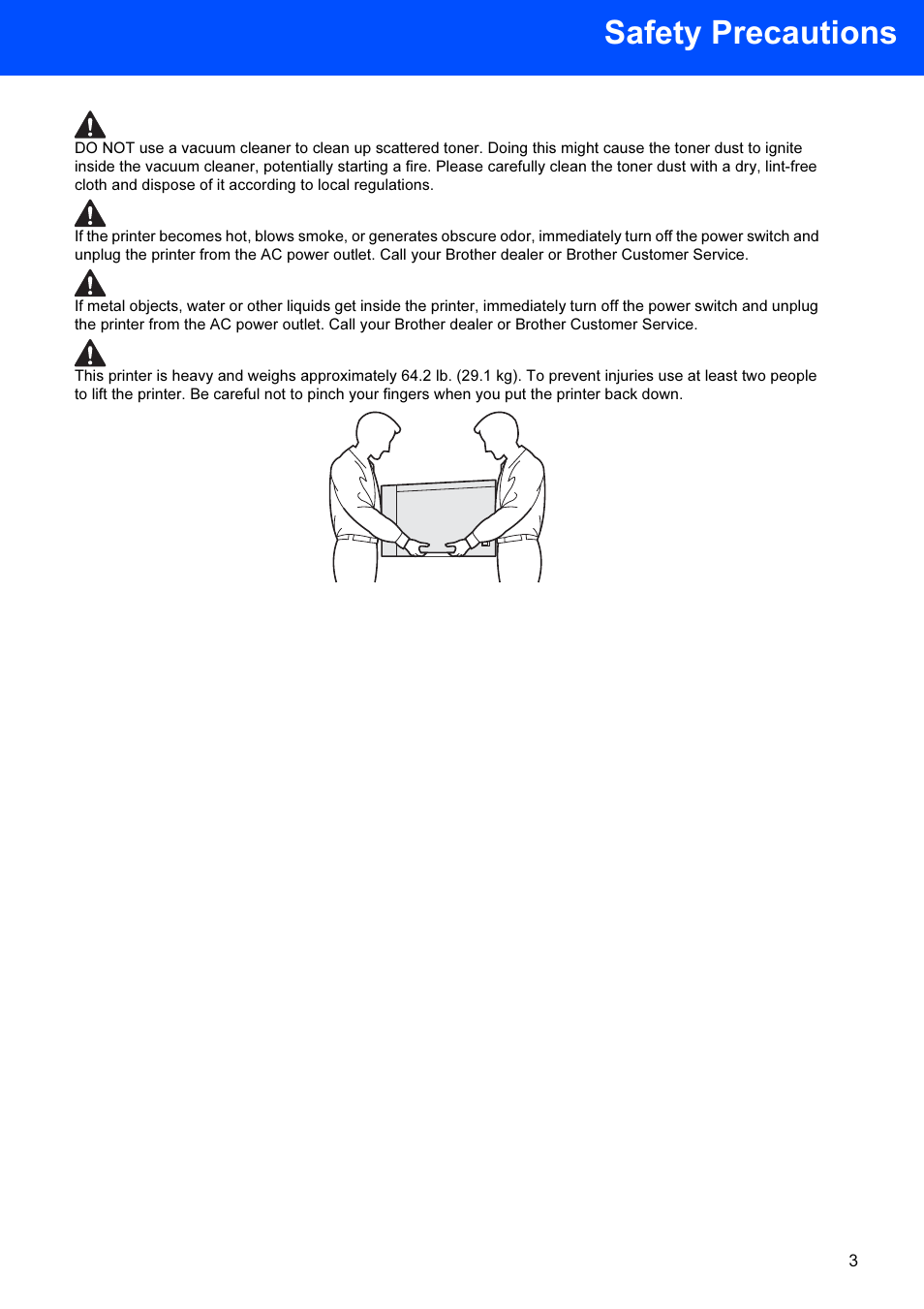 Safety precautions | Brother HL-4040CDN User Manual | Page 5 / 35