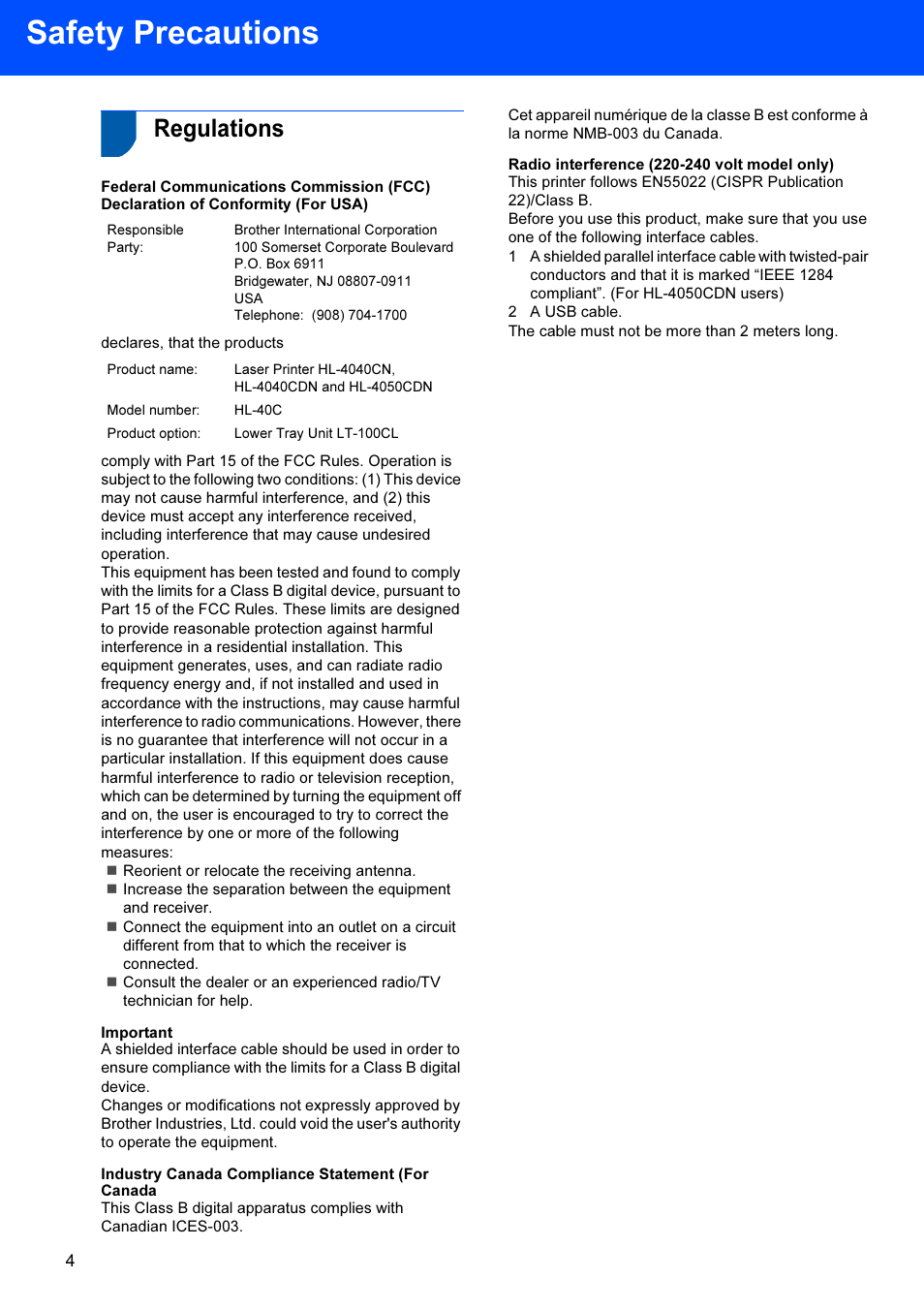 Regulations, Safety precautions | Brother HL-4040CDN User Manual | Page 6 / 35