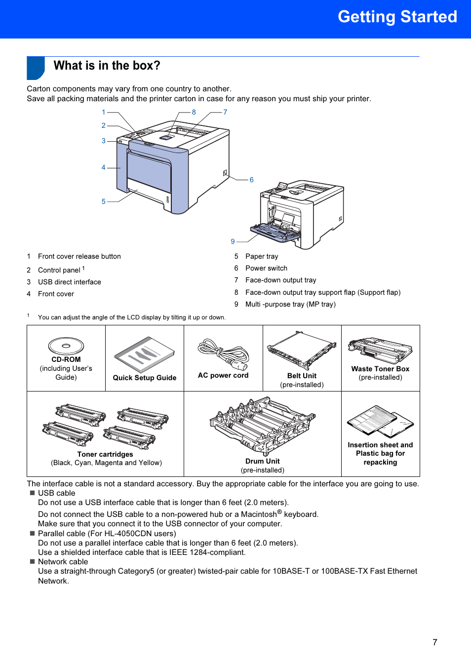 Getting started, What is in the box | Brother HL-4040CDN User Manual | Page 9 / 35