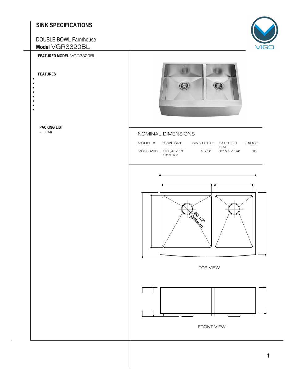 Vigo VGR3320BL User Manual | 6 pages