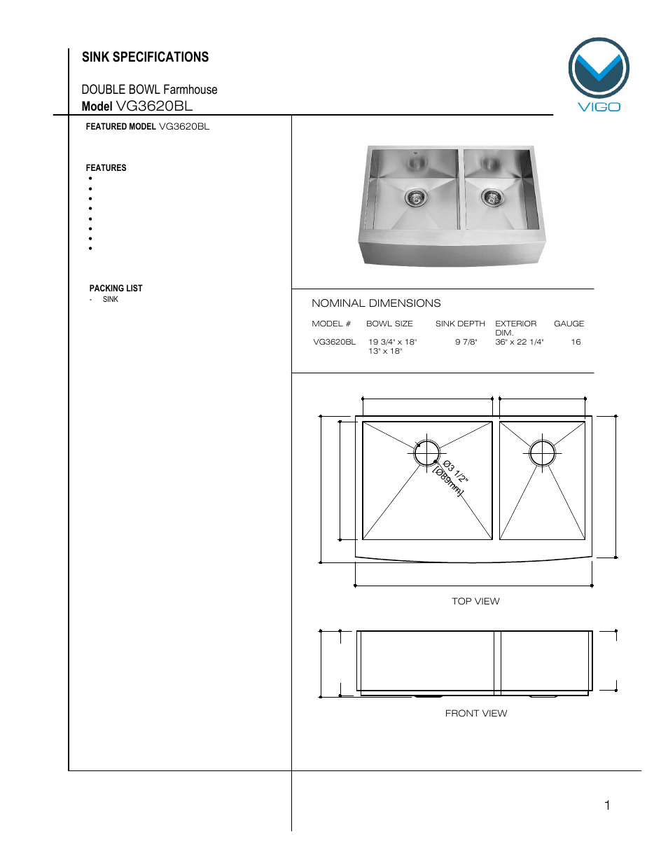 Vigo VG3620BL User Manual | 6 pages