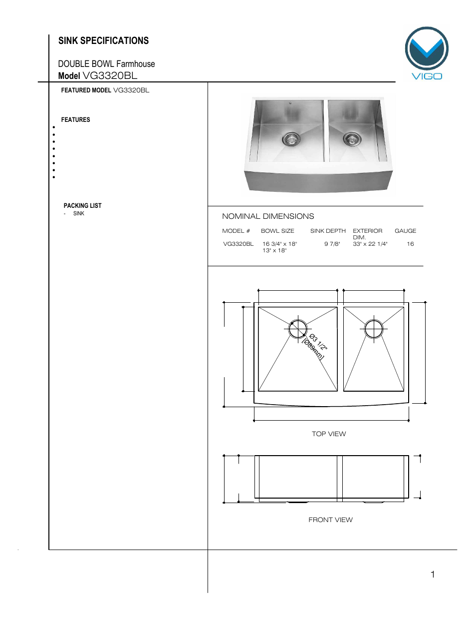 Vigo VG3320BL User Manual | 6 pages