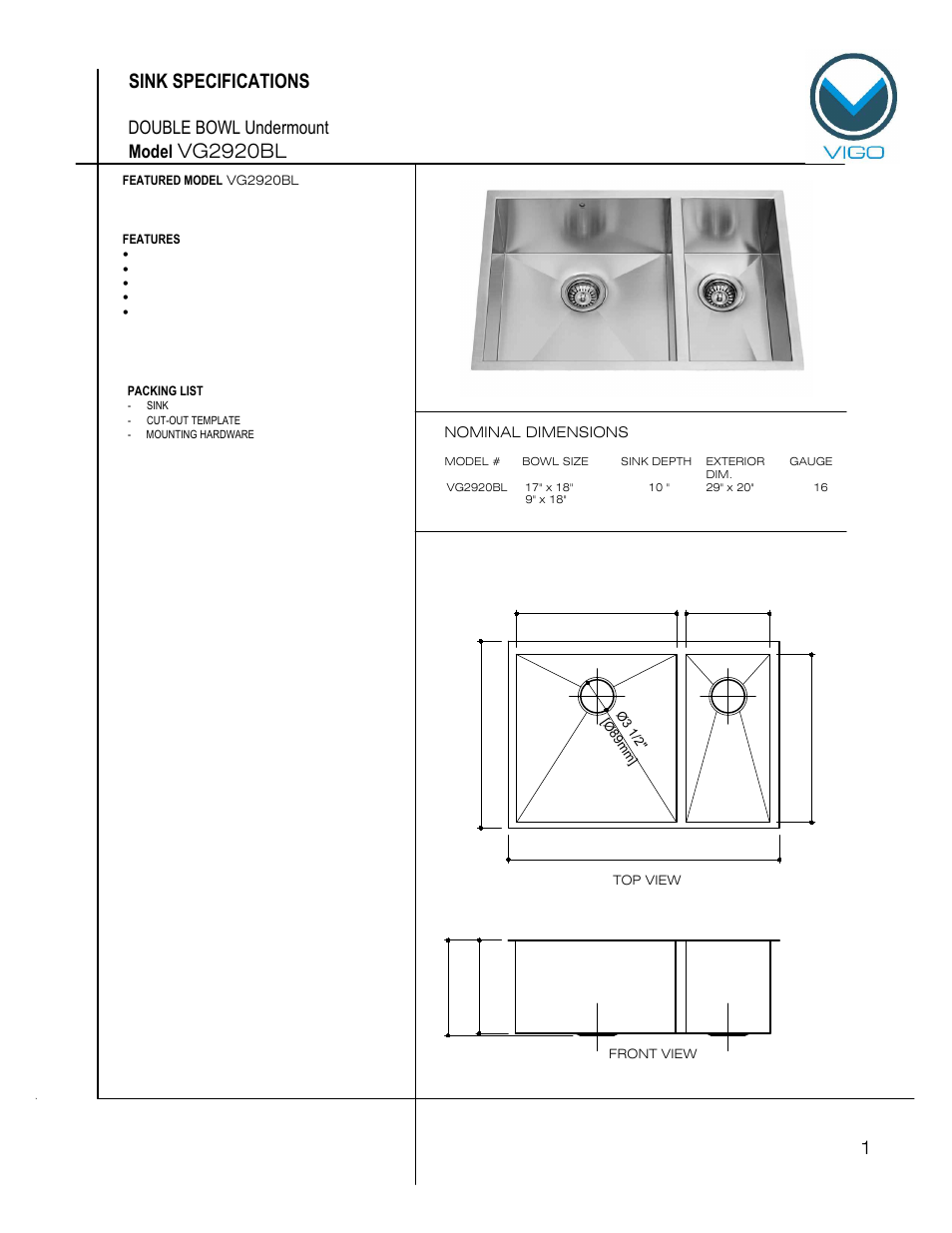 Vigo VG2920BL User Manual | 6 pages