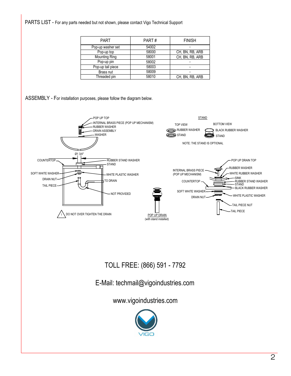 Pop ups-parts 7000, Parts list, Assembly - f | Vigo VG07000 User Manual | Page 2 / 3