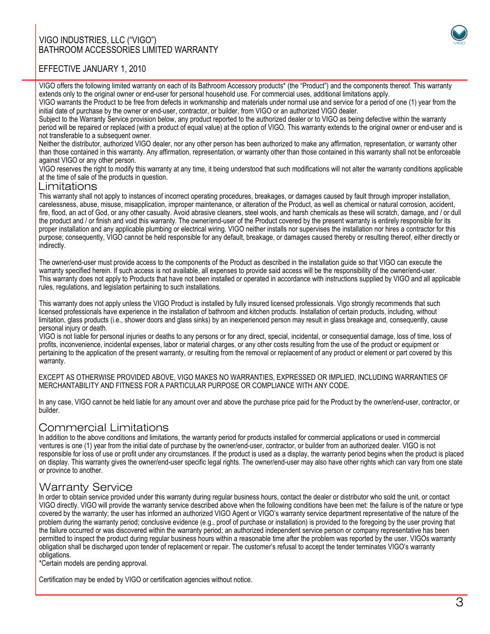 Pop ups-warranty, Limitations, Commercial limitations | Warranty service | Vigo VG07000 User Manual | Page 3 / 3