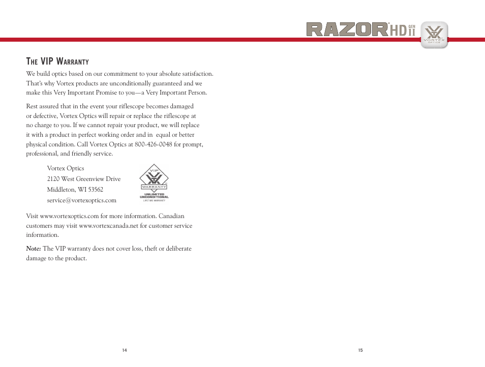 Vip w | Vortex Optics RAZOR HD GEN II 3-18X50 RIFLESCOPE User Manual | Page 8 / 9