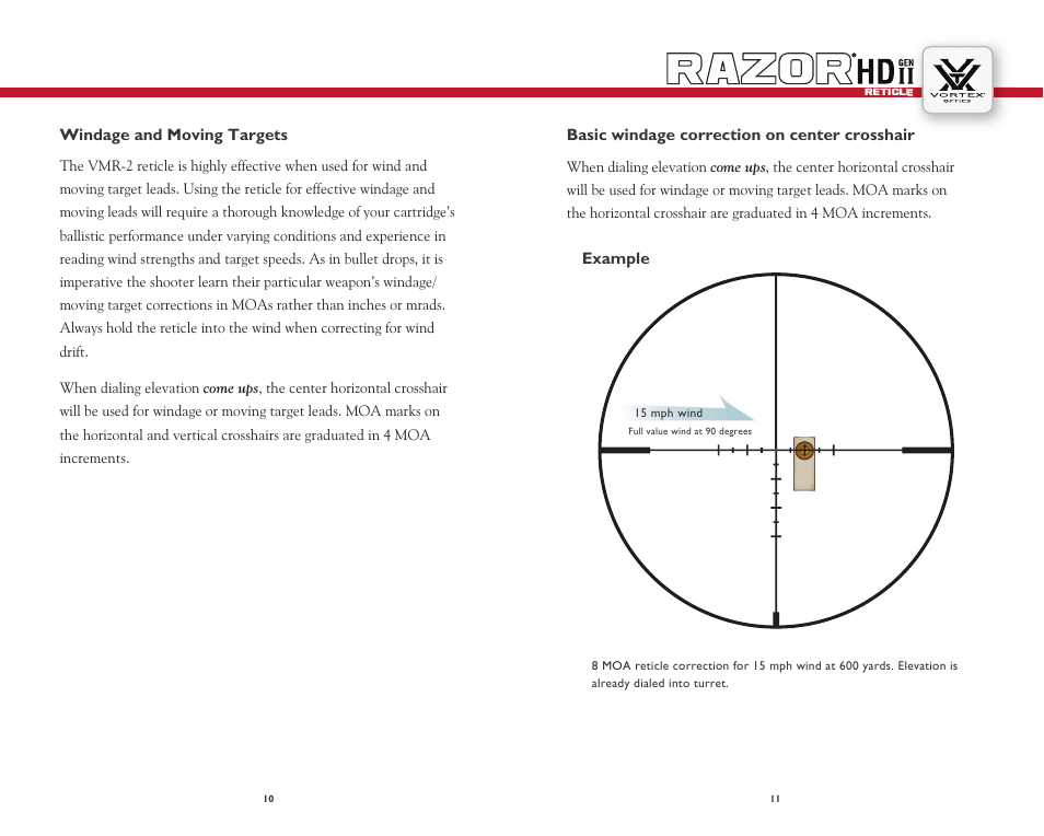 Windage and moving targets, Basic windage correction on center crosshair, Example | Vortex Optics RAZOR HD GEN II 1-6X24 RIFLESCOPE — VMR-2 Reticle User Manual | Page 6 / 8