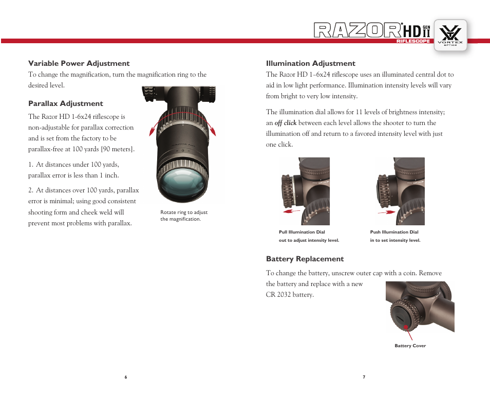 Illumination adjustment parallax adjustment, Variable power adjustment, Battery replacement | Vortex Optics RAZOR HD GEN II 1-6X24 RIFLESCOPE — VMR-2 Reticle User Manual | Page 4 / 10