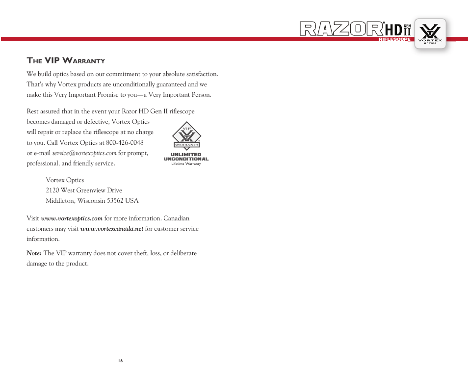 Vip w | Vortex Optics RAZOR HD GEN II 1-6X24 RIFLESCOPE — VMR-2 Reticle User Manual | Page 9 / 10