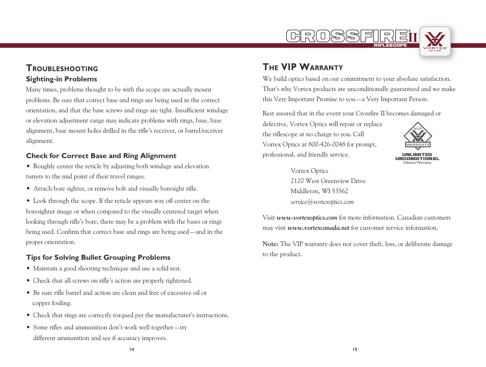 Vip w | Vortex Optics CROSSFIRE II 4-16X50 AO RIFLESCOPE User Manual | Page 8 / 9