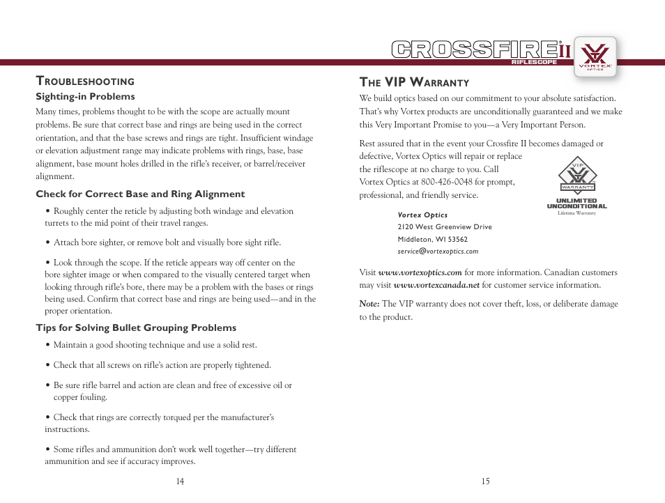 Vip w | Vortex Optics CROSSFIRE II 3-12X56 AO HOG HUNTER RIFLESCOPE User Manual | Page 8 / 9