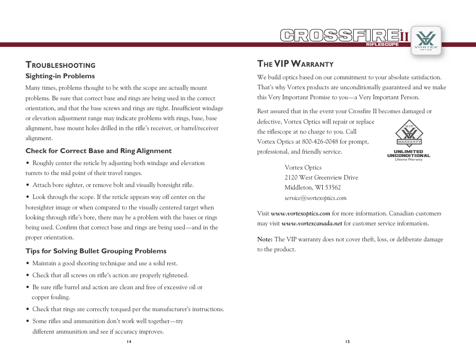 Vip w | Vortex Optics CROSSFIRE II 1-4X24 RIFLESCOPE User Manual | Page 8 / 9