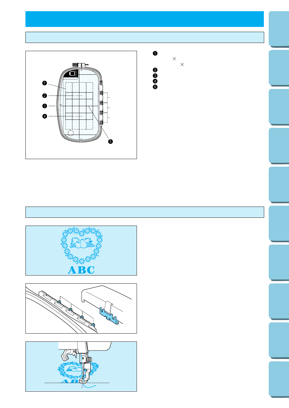 Embroidering using a large frame (optional), Embroidering range, Combining patterns in the height direction | Embroidering, Using a large, Frame, Optional), A b c, Ab c | Brother PE 150 User Manual | Page 72 / 146