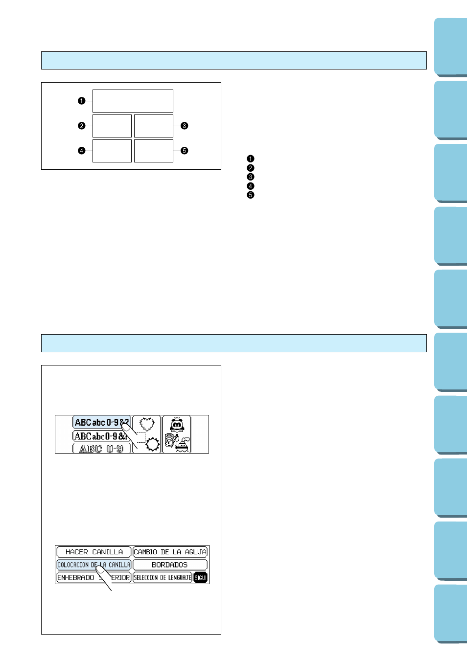 Uso de la teclas de selección, Funcionamiento usando la pantalla, A. teclas de selección | B. pantalla lcd | Brother PE 150 User Manual | Page 84 / 146