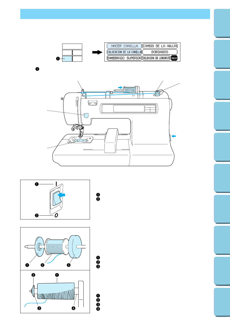 Enrollado e instalacion de la bobina | Brother PE 150 User Manual | Page 88 / 146