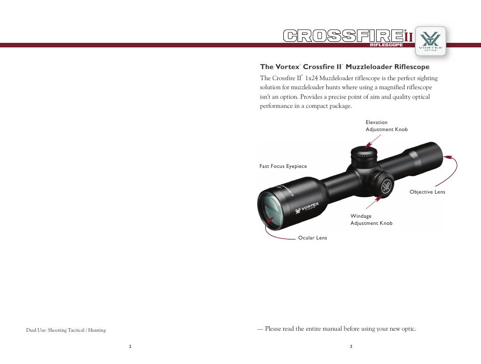 Vortex Optics CROSSFIRE II 1X24 MUZZLELOADER SCOPE User Manual | Page 2 / 8