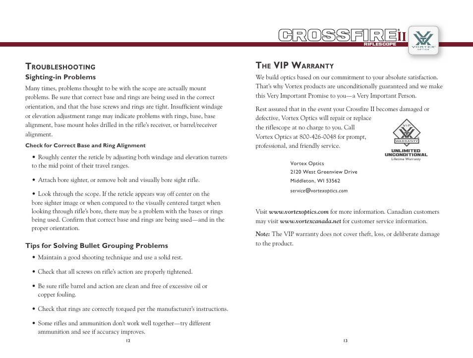 Vip w | Vortex Optics CROSSFIRE II 1X24 MUZZLELOADER SCOPE User Manual | Page 7 / 8