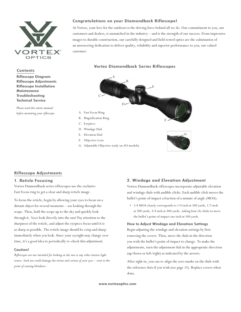 Vortex Optics DIAMONDBACK 1.75-5X32 RIFLESCOPE User Manual | 4 pages