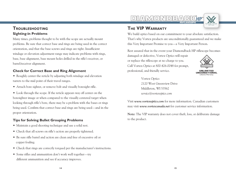 Diamondback, Vip w | Vortex Optics DIAMONDBACK HP 2-8X32 RIFLESCOPE User Manual | Page 8 / 9