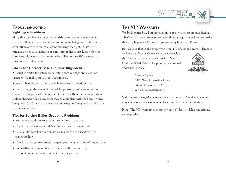 Vip w | Vortex Optics VIPER HS 2.5-10X44 RIFLESCOPE User Manual | Page 8 / 9
