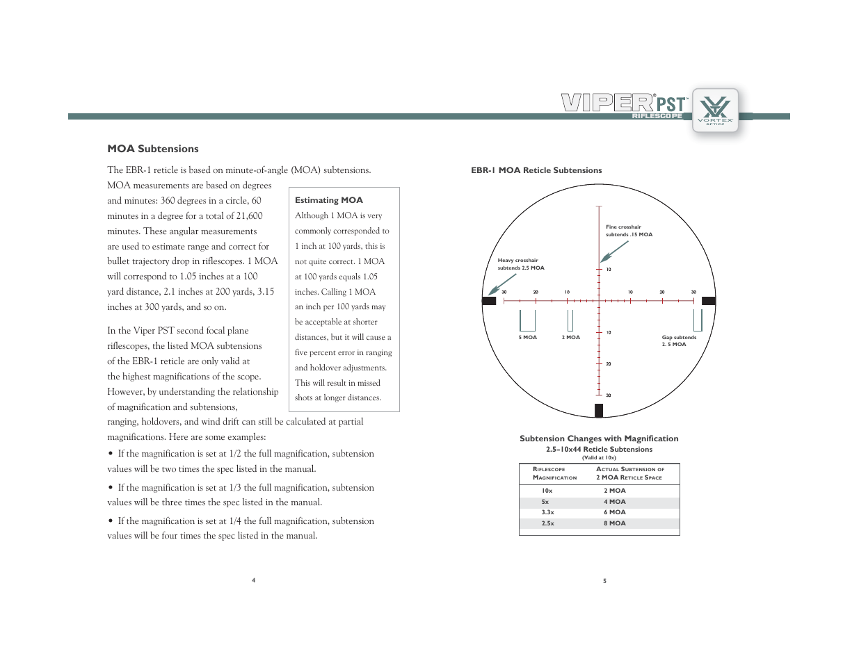 Moa subtensions | Vortex Optics VIPER PST 2.5-10X44 RIFLESCOPE User Manual | Page 3 / 9