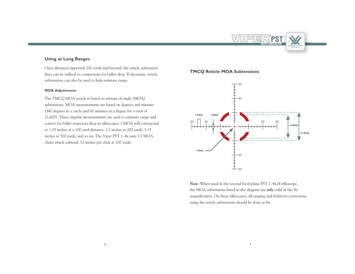 Using at long ranges tmcq reticle moa subtensions | Vortex Optics VIPER PST 1-4X24 RIFLESCOPE User Manual | Page 4 / 9