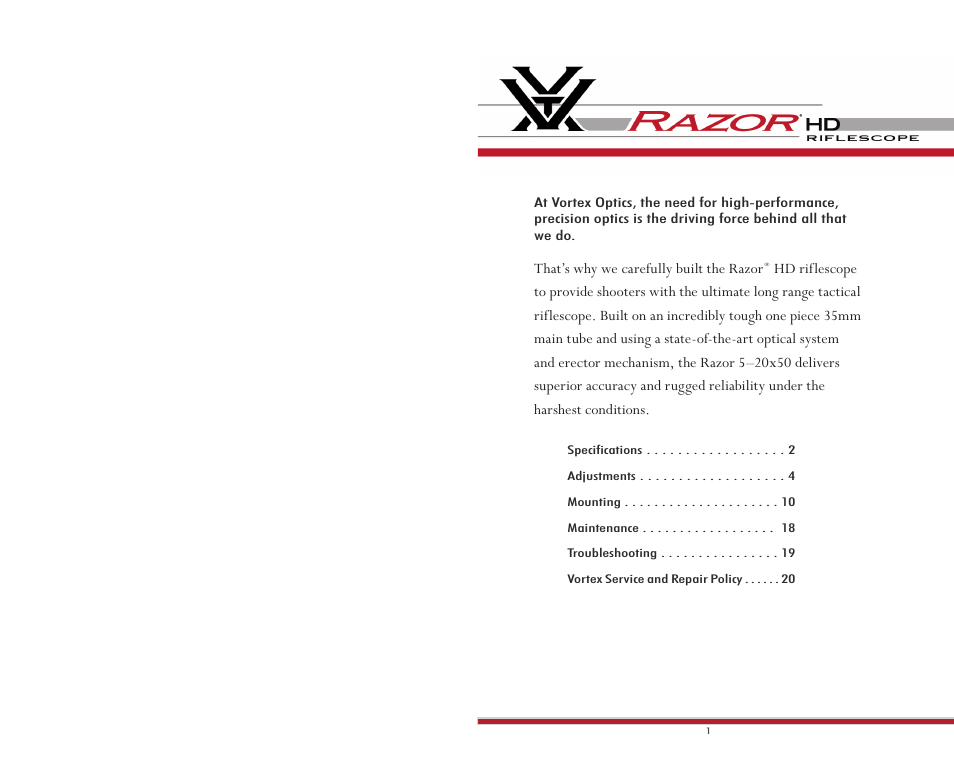 Vortex Optics RAZOR HD 5-20X50 RIFLESCOPE — First Focal Plane User Manual | Page 2 / 13