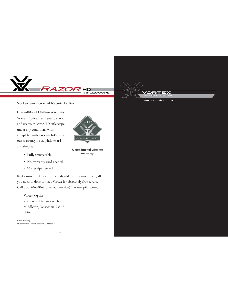 Vortex Optics RAZOR HD 5-20X50 RIFLESCOPE — First Focal Plane User Manual | Page 8 / 8