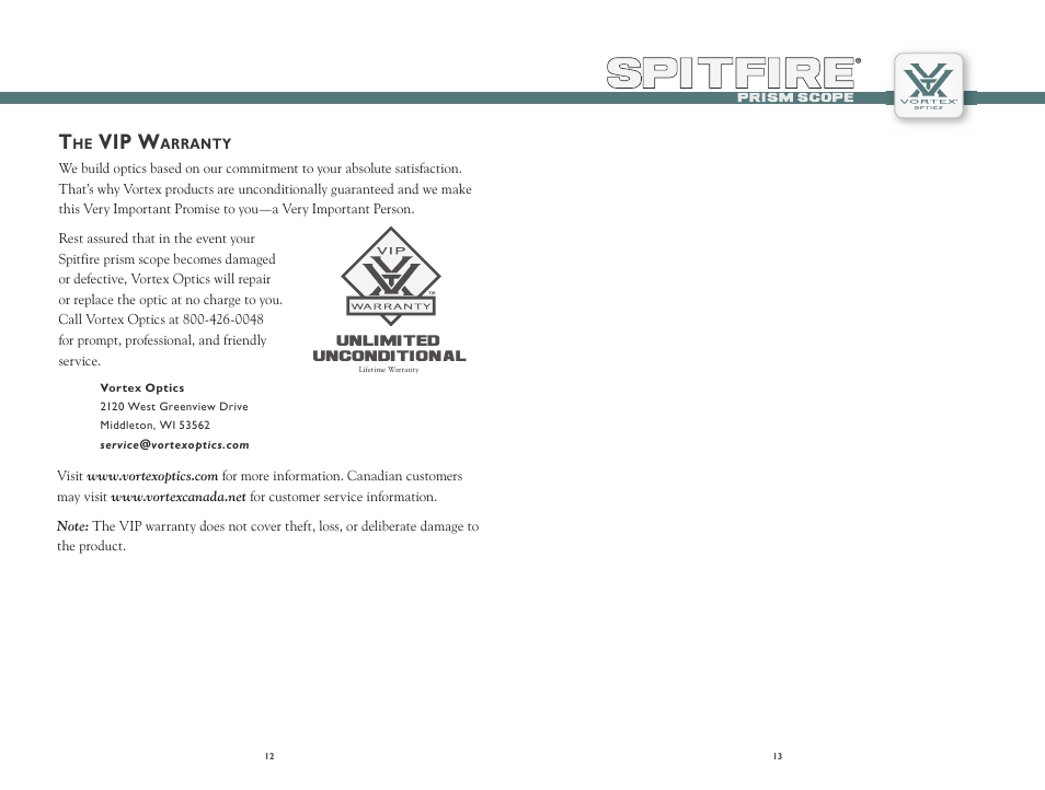 Vip w | Vortex Optics SPITFIRE 1X PRISM SCOPE User Manual | Page 7 / 8