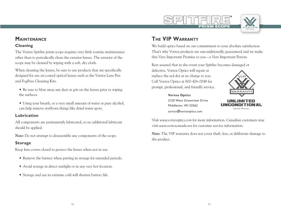 Vip w | Vortex Optics SPITFIRE 3X PRISM SCOPE User Manual | Page 8 / 9