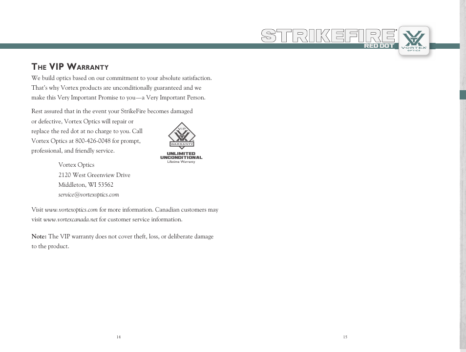 Strikefire, Vip w | Vortex Optics STRIKEFIRE RED DOT - LOW MOUNT User Manual | Page 8 / 9