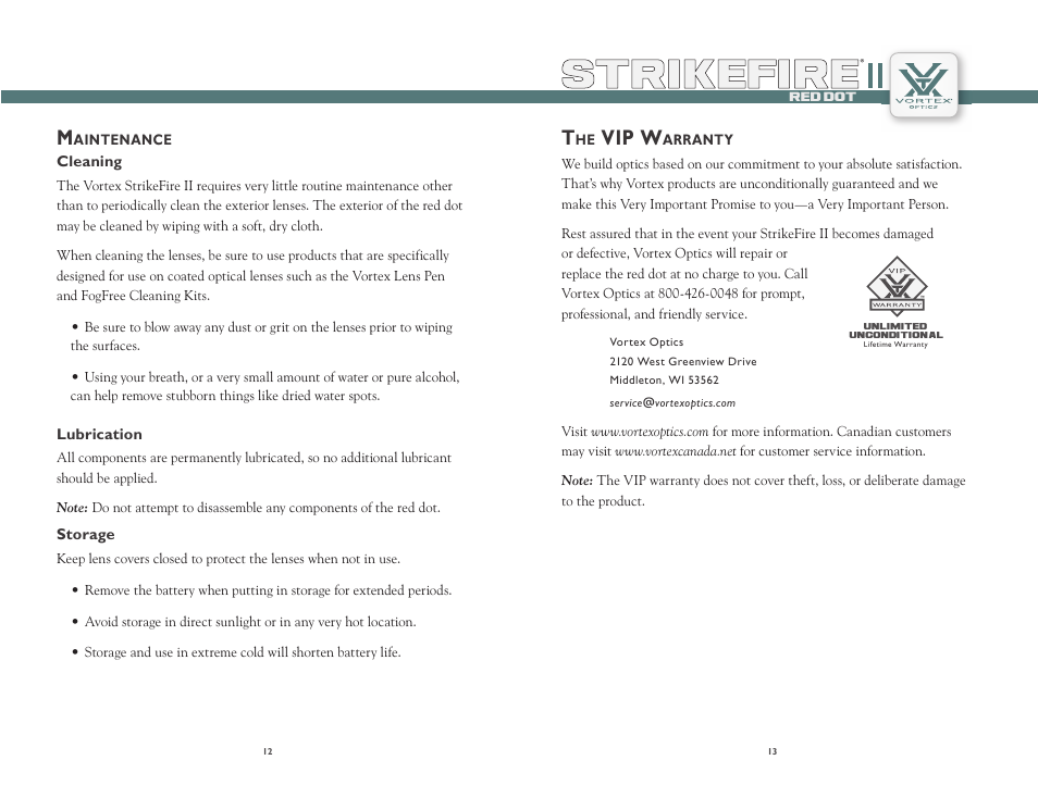 Strikefire, Vip w | Vortex Optics STRIKEFIRE II RED DOT User Manual | Page 7 / 8