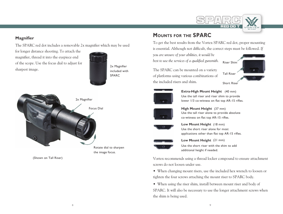Spar a ar p c, Sparc | Vortex Optics SPARC RED DOT SCOPE User Manual | Page 5 / 9