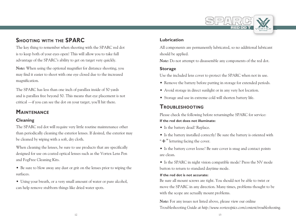 Spar a ar p c, Sparc | Vortex Optics SPARC RED DOT SCOPE User Manual | Page 7 / 9