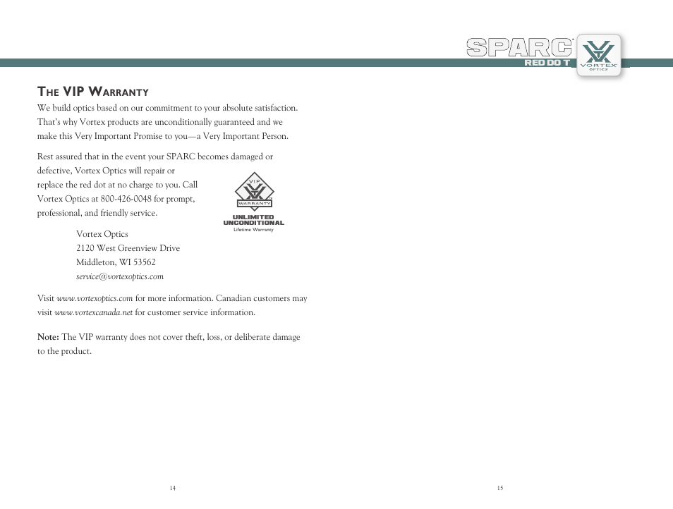 Spar a ar p c, Vip w | Vortex Optics SPARC RED DOT SCOPE User Manual | Page 8 / 9