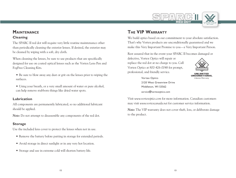 Vip w | Vortex Optics SPARC II RED DOT User Manual | Page 7 / 8