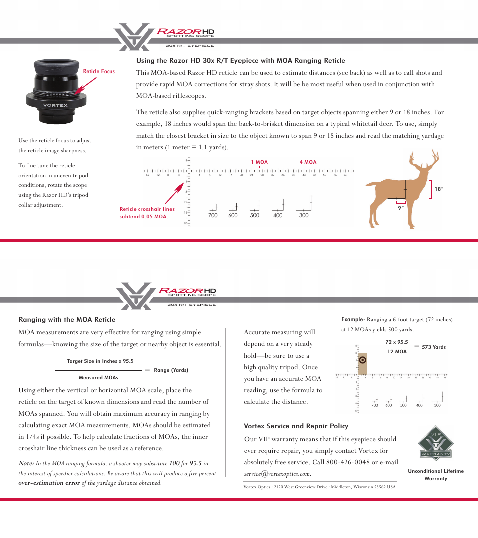 Vortex Optics RAZOR HD 85MM 30X EYEPIECE — MOA Ranging Reticle User Manual | 1 page